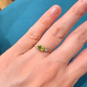14K Solid Yellow Gold Ring, Green Peridot Stone, two diamond accent stones